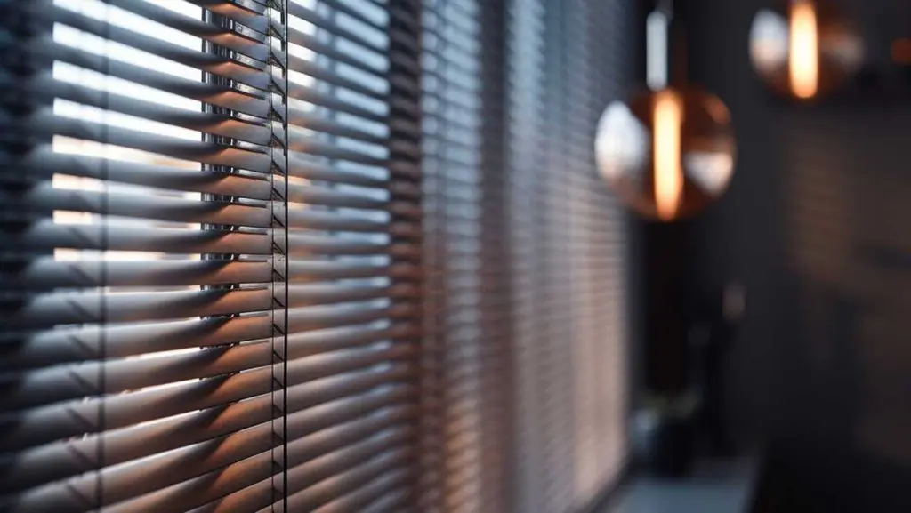 Close-up of aluminium Venetian blind slats with warm light filtering through at an angle