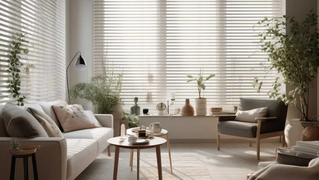 White faux wood Venetian blinds in a bright, airy living room filled with natural light and greenery