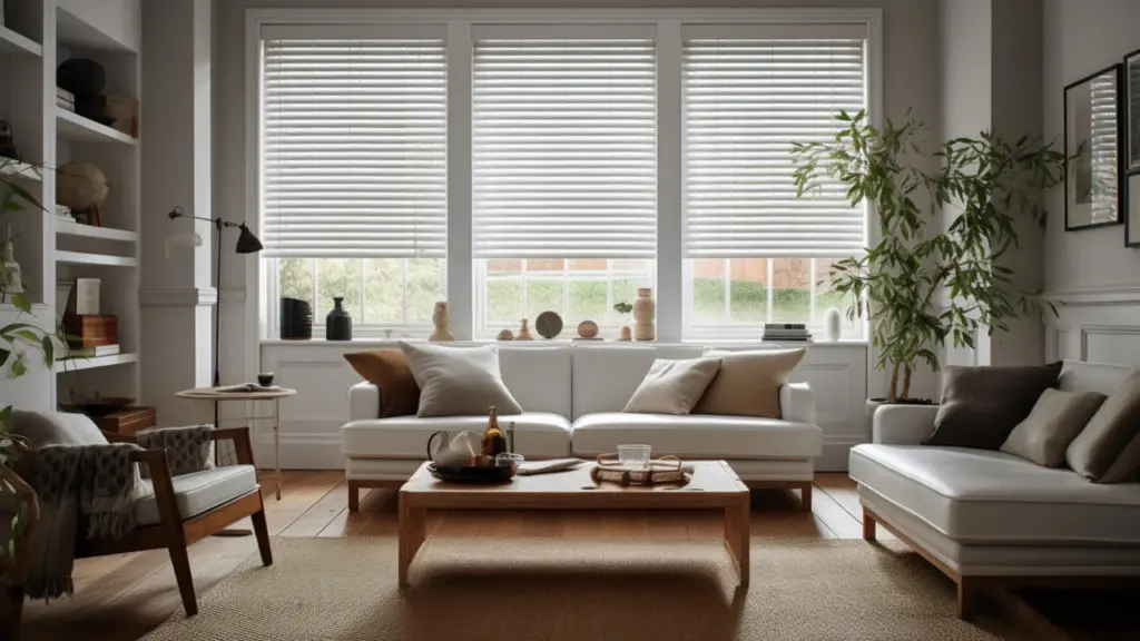 White wooden blinds across three windows in a bright, airy living room with neutral furnishings and houseplants