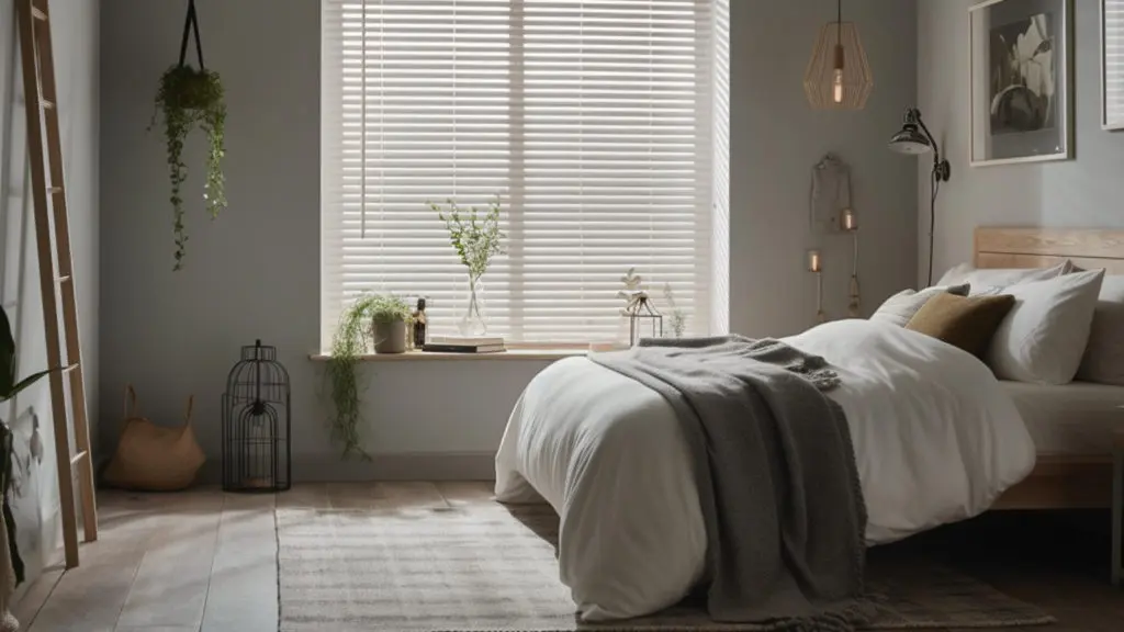 White wooden blinds in a calm, cosy bedroom with soft bedding and trailing plants